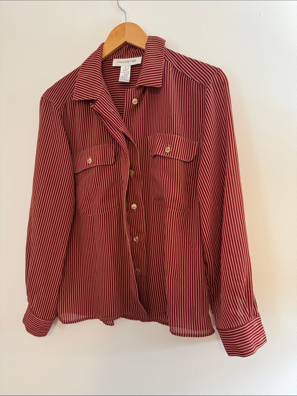✅ JONES NEW YORK Vintage Retro Long Sleeve Button Down Striped Blouse Shirt -Red